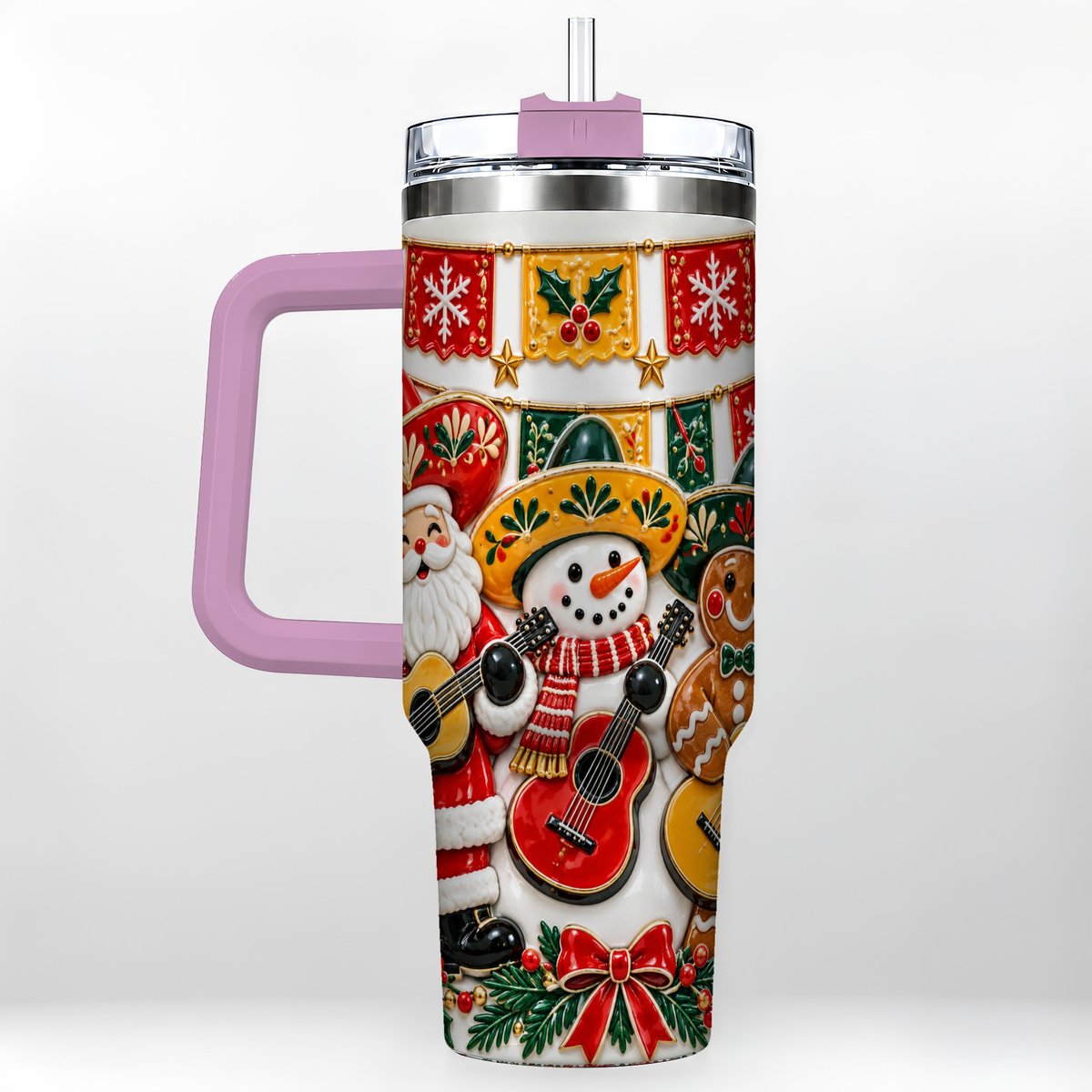 #pl[40oz|Pink] Christmas Mariachi Band 40oz Tumbler with Handle, Festive Guitar Artwork