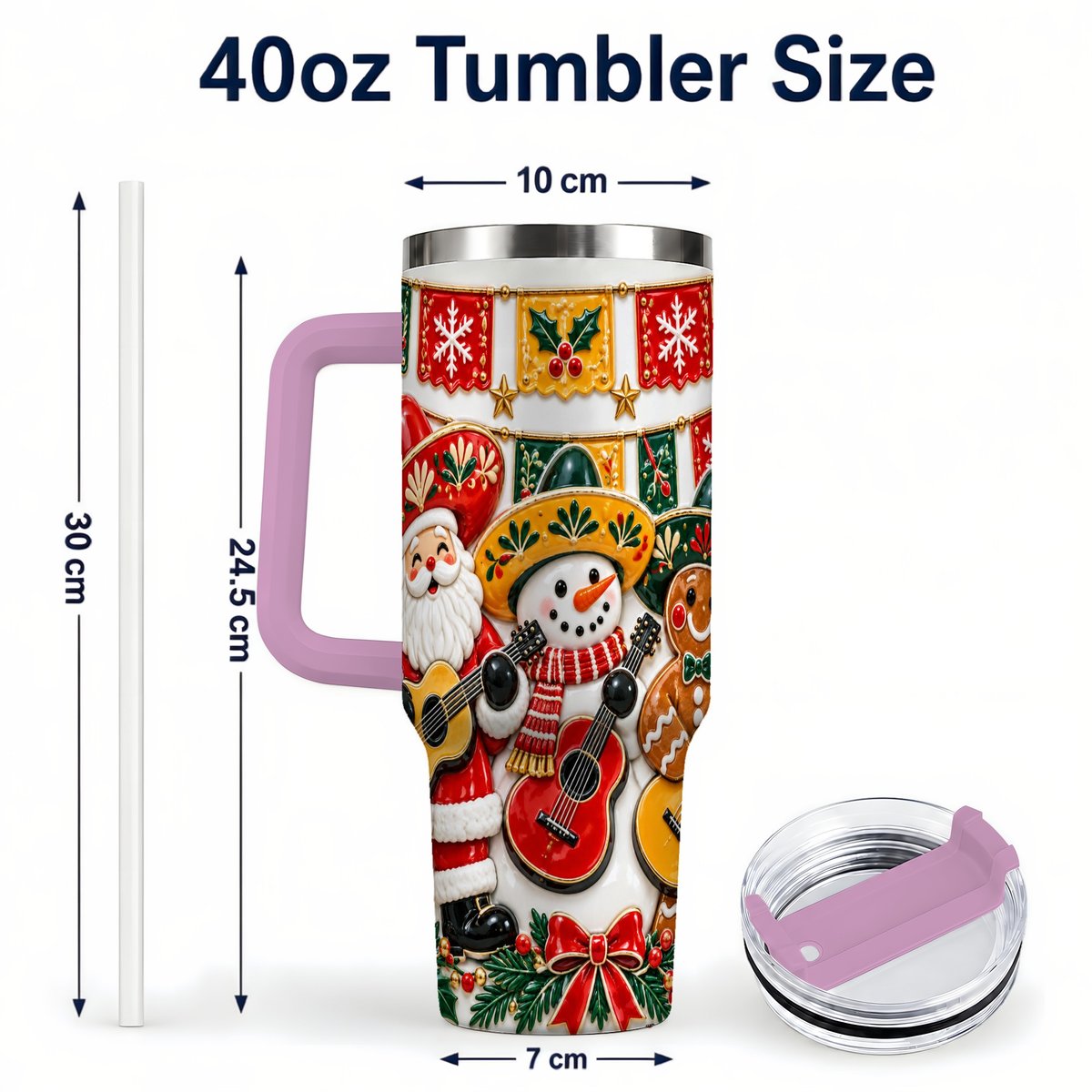 #pl[40oz|Pink] Christmas Mariachi Band 40oz Tumbler with Handle, Festive Guitar Artwork