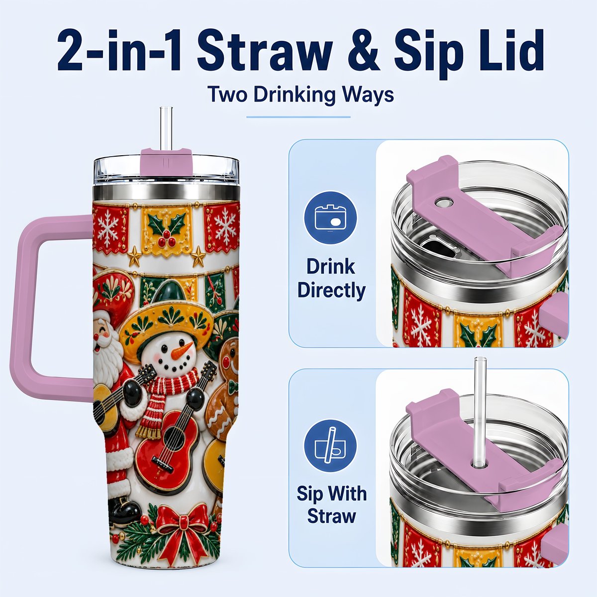 #pl[40oz|Pink] Christmas Mariachi Band 40oz Tumbler with Handle, Festive Guitar Artwork