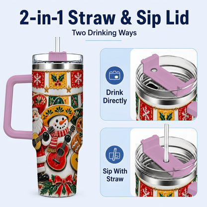 #pl[40oz|Pink] Christmas Mariachi Band 40oz Tumbler with Handle, Festive Guitar Artwork