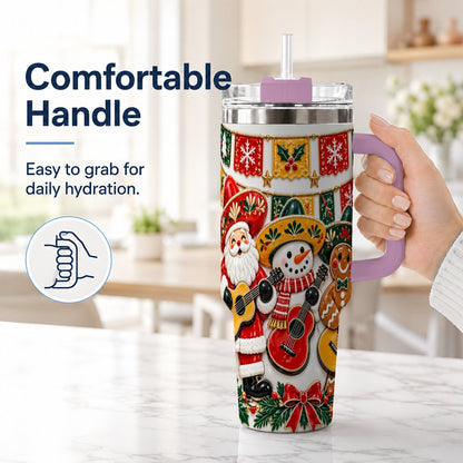 #pl[40oz|Pink] Christmas Mariachi Band 40oz Tumbler with Handle, Festive Guitar Artwork