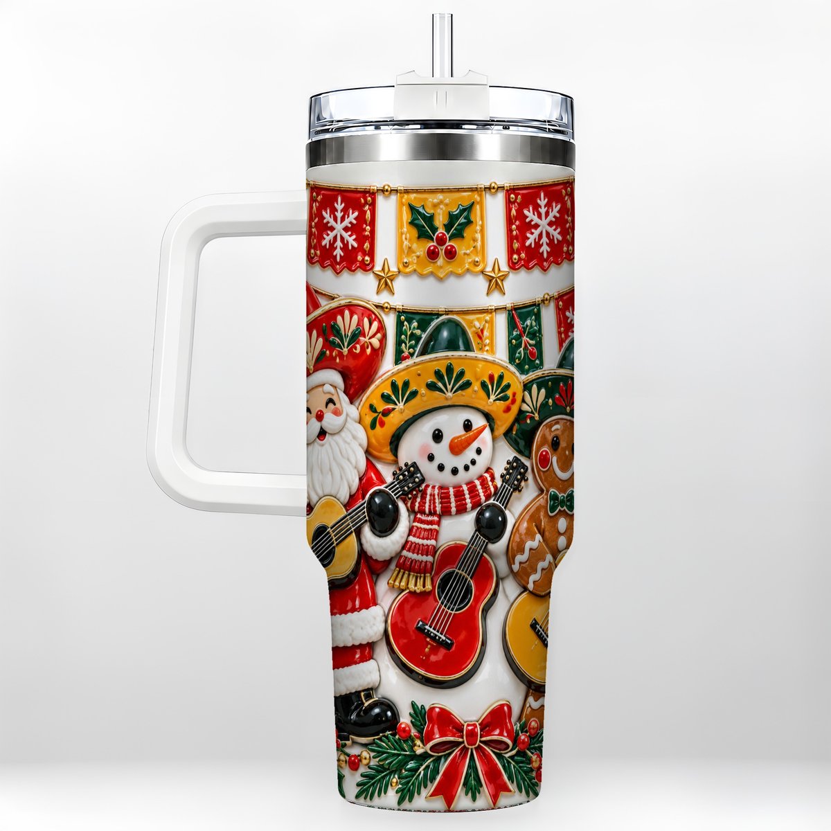 Christmas Mariachi Band 40oz Tumbler with Handle, Festive Guitar Artwork