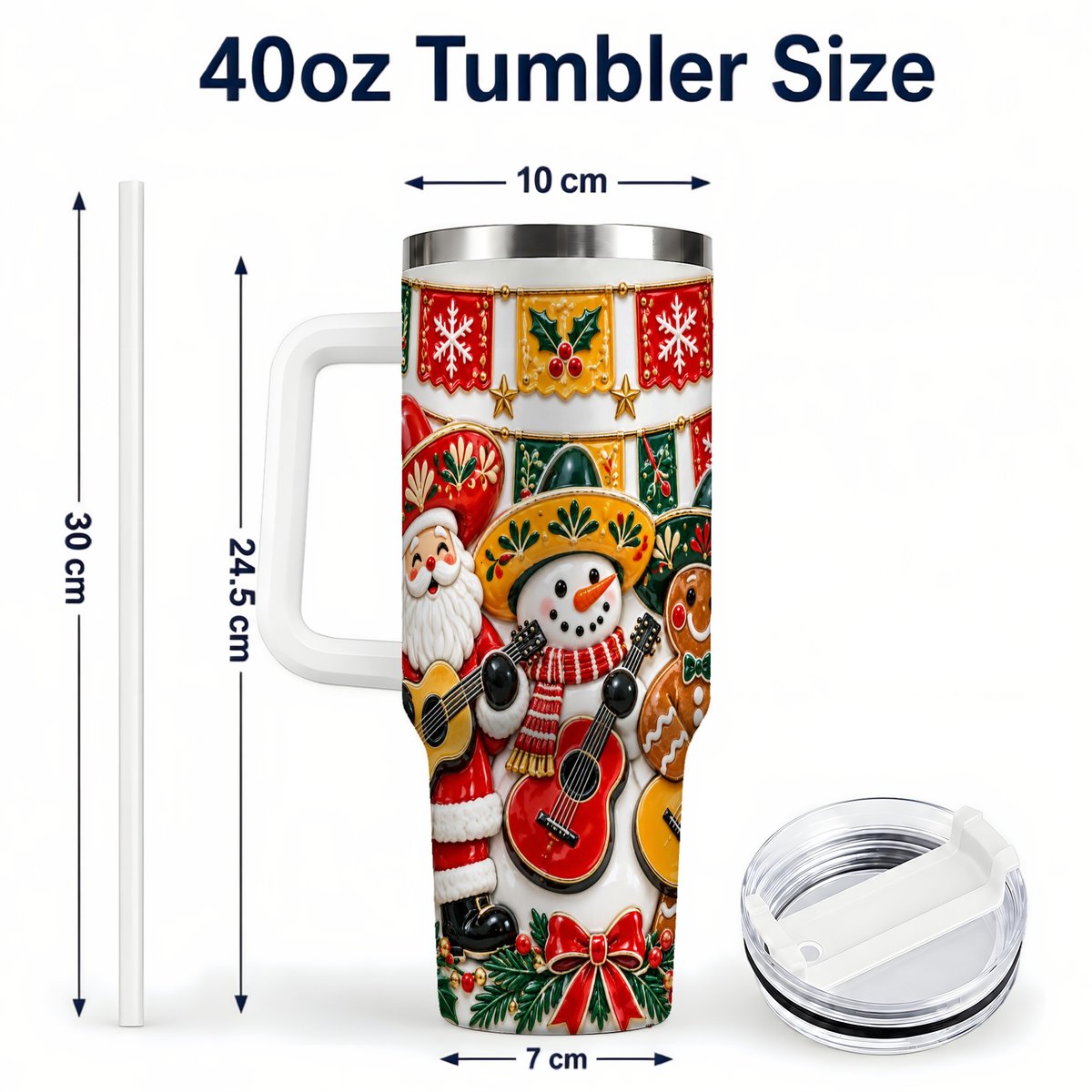 #pl[40oz|White] Christmas Mariachi Band 40oz Tumbler with Handle, Festive Guitar Artwork