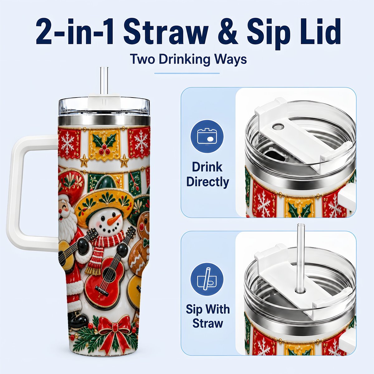 #pl[40oz|White] Christmas Mariachi Band 40oz Tumbler with Handle, Festive Guitar Artwork