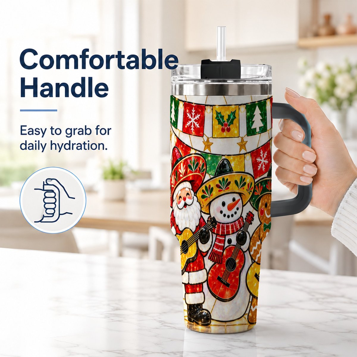 #pl[40oz|Black] Stained Glass Christmas 40oz Tumbler with Handle, Holiday Band Artwork