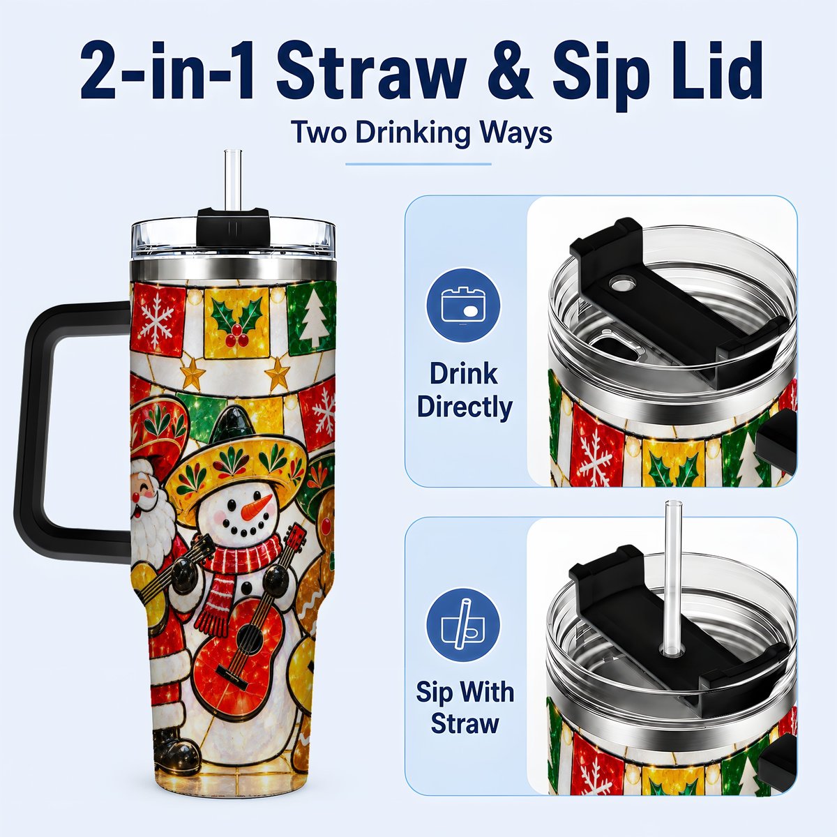 #pl[40oz|Black] Stained Glass Christmas 40oz Tumbler with Handle, Holiday Band Artwork
