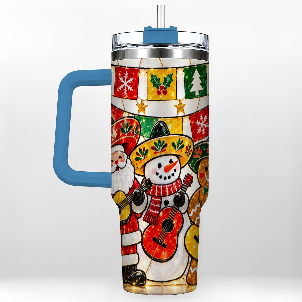 #pl[40oz|Blue] Stained Glass Christmas 40oz Tumbler with Handle, Holiday Band Artwork