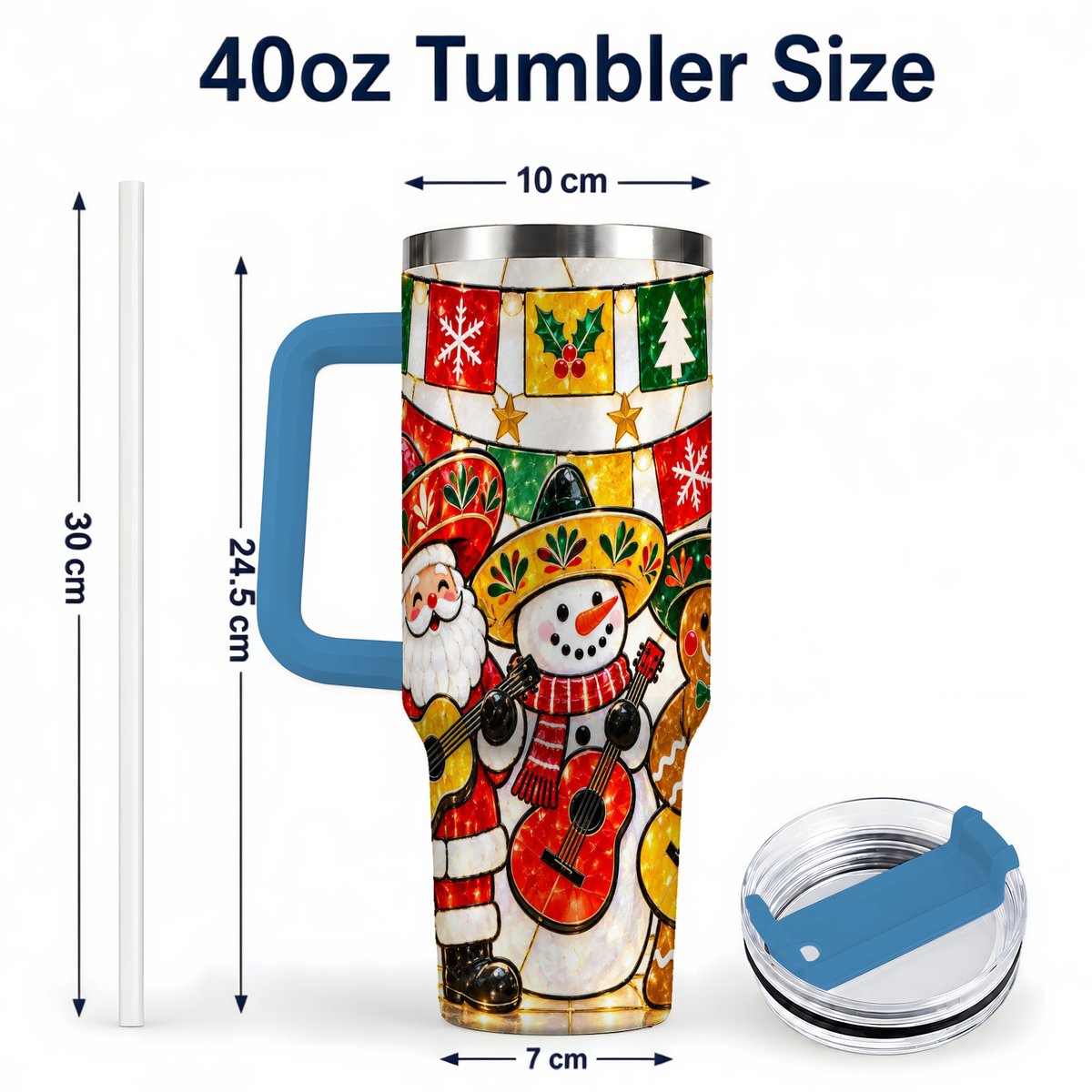 #pl[40oz|Blue] Stained Glass Christmas 40oz Tumbler with Handle, Holiday Band Artwork