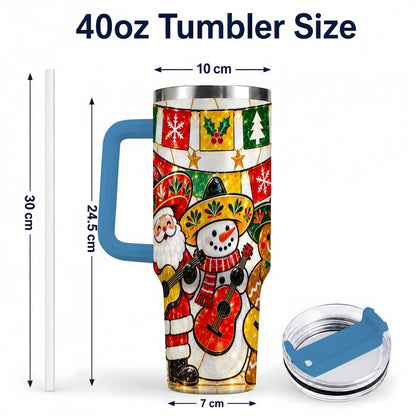 #pl[40oz|Blue] Stained Glass Christmas 40oz Tumbler with Handle, Holiday Band Artwork