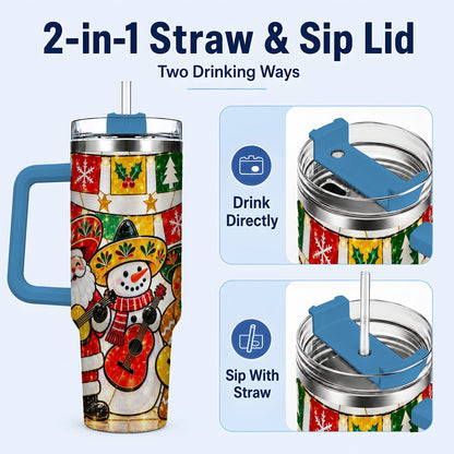 #pl[40oz|Blue] Stained Glass Christmas 40oz Tumbler with Handle, Holiday Band Artwork