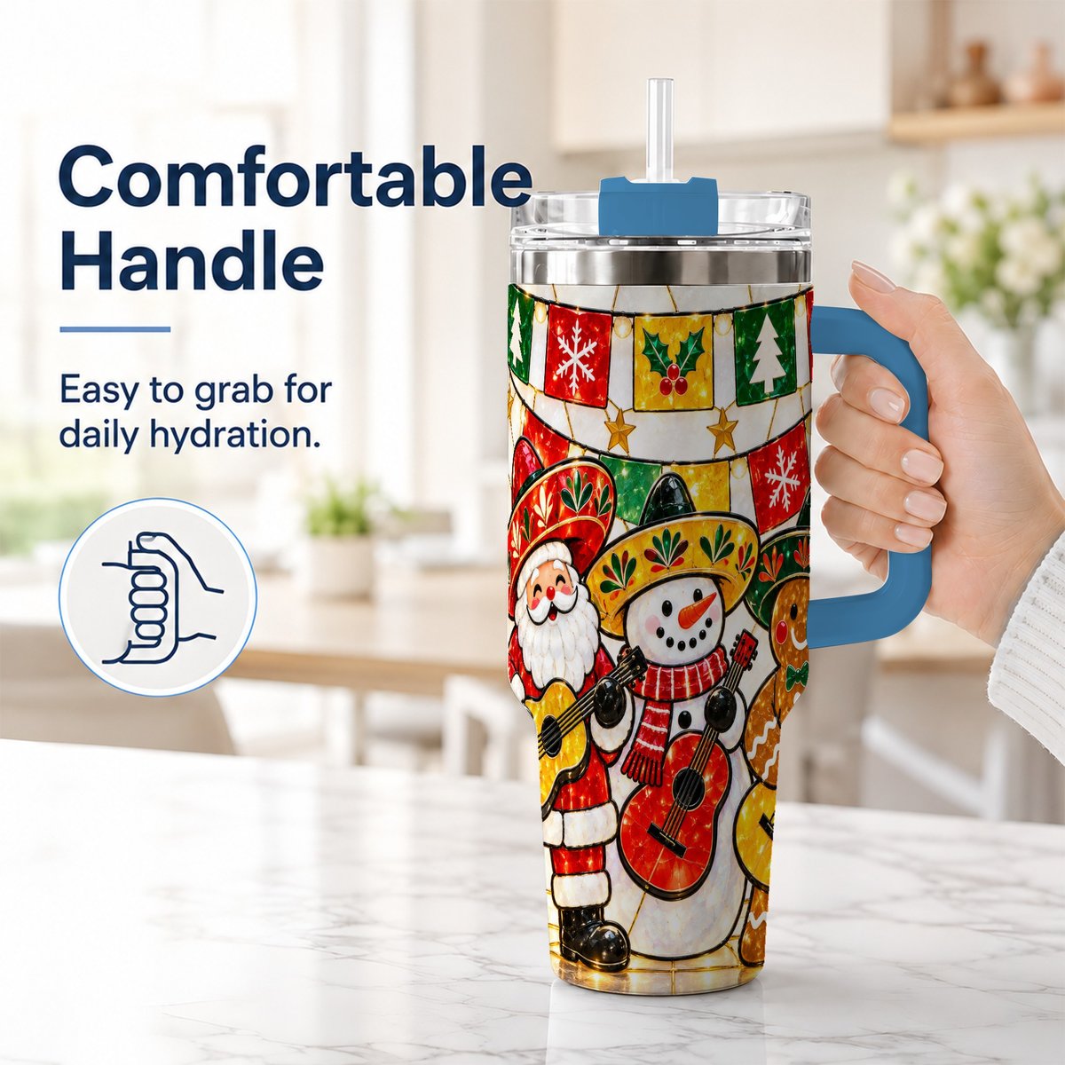 #pl[40oz|Blue] Stained Glass Christmas 40oz Tumbler with Handle, Holiday Band Artwork