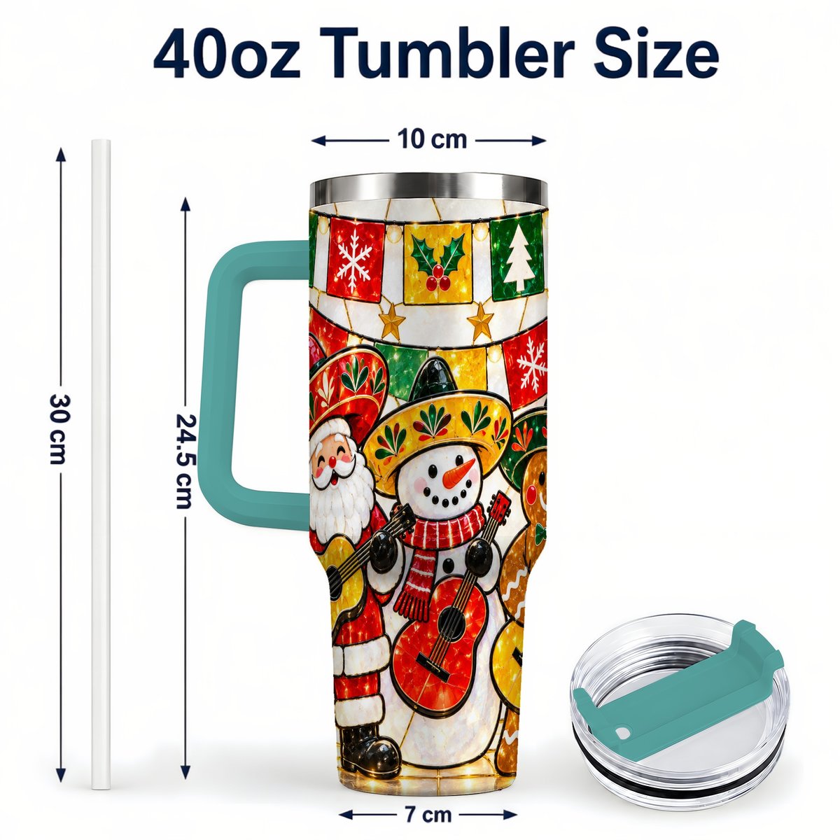 #pl[40oz|Green] Stained Glass Christmas 40oz Tumbler with Handle, Holiday Band Artwork