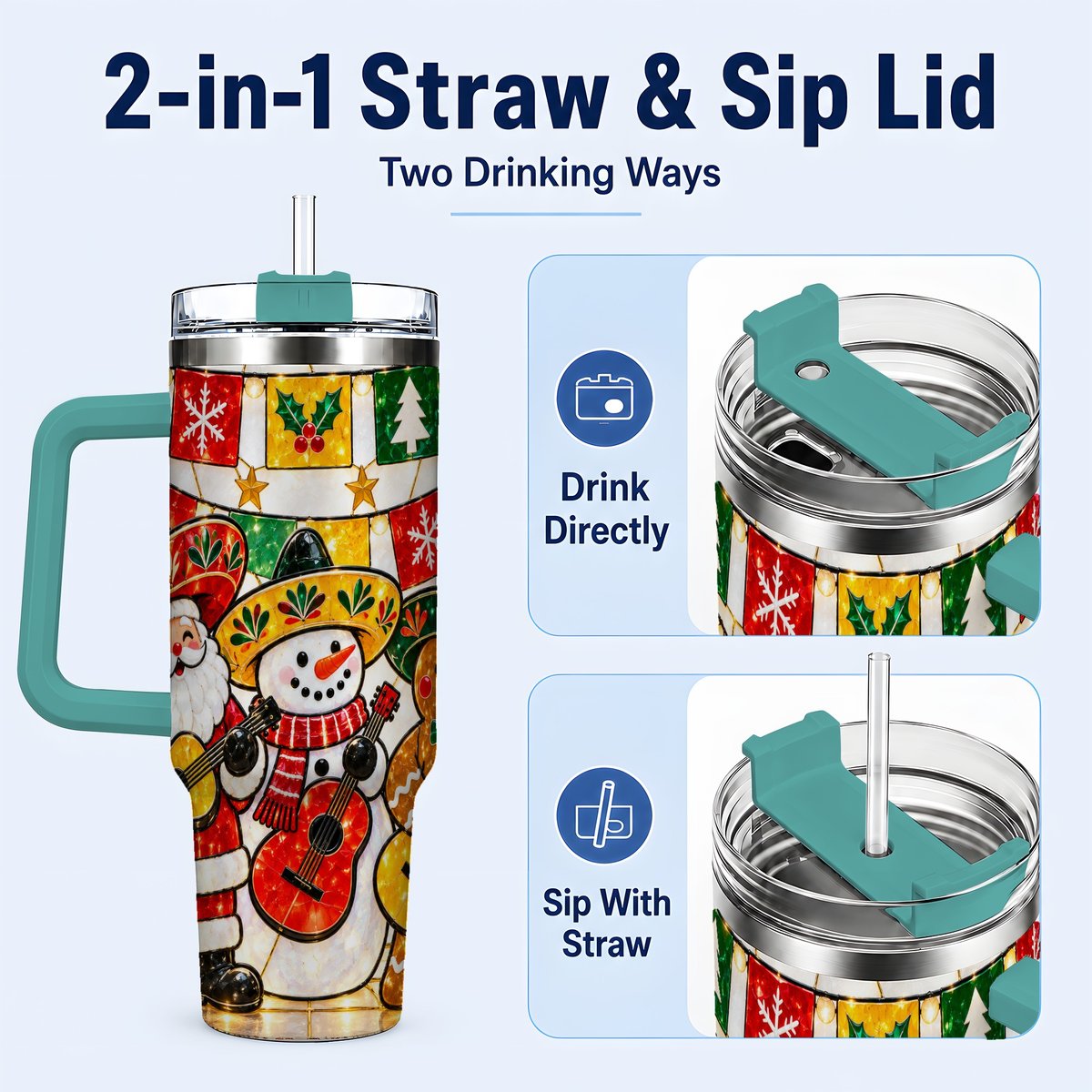#pl[40oz|Green] Stained Glass Christmas 40oz Tumbler with Handle, Holiday Band Artwork