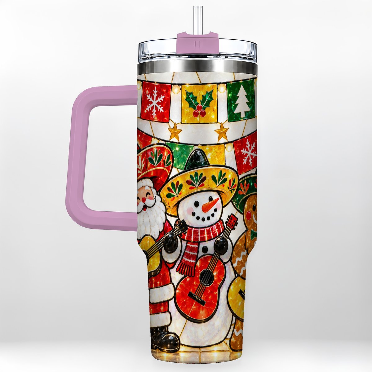 #pl[40oz|Pink] Stained Glass Christmas 40oz Tumbler with Handle, Holiday Band Artwork