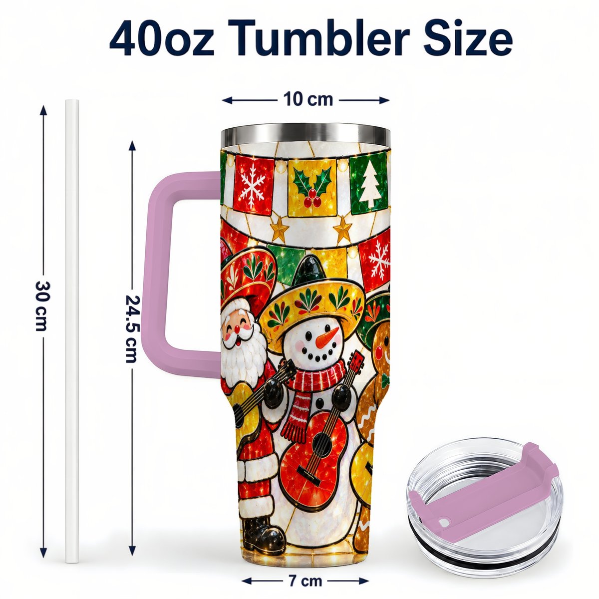 #pl[40oz|Pink] Stained Glass Christmas 40oz Tumbler with Handle, Holiday Band Artwork