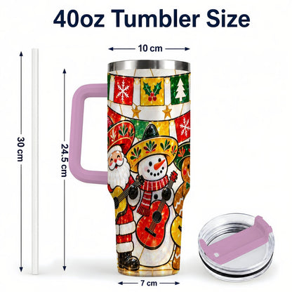 #pl[40oz|Pink] Stained Glass Christmas 40oz Tumbler with Handle, Holiday Band Artwork
