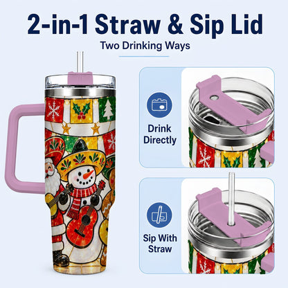 #pl[40oz|Pink] Stained Glass Christmas 40oz Tumbler with Handle, Holiday Band Artwork