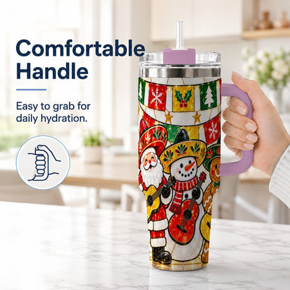 #pl[40oz|Pink] Stained Glass Christmas 40oz Tumbler with Handle, Holiday Band Artwork