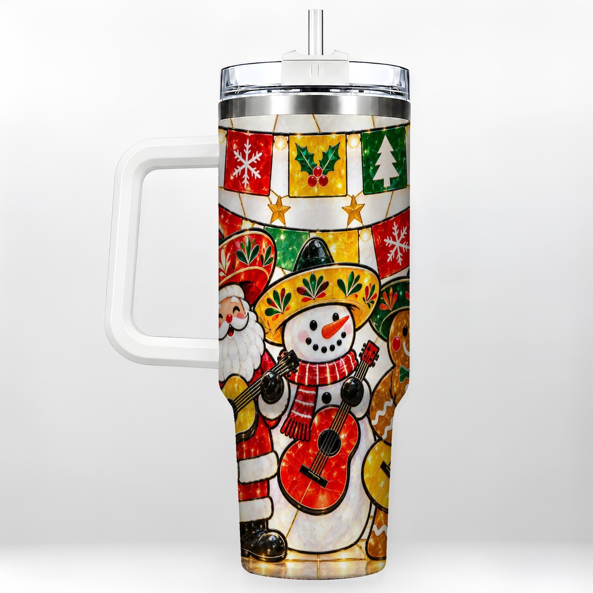 Stained Glass Christmas 40oz Tumbler with Handle, Holiday Band Artwork
