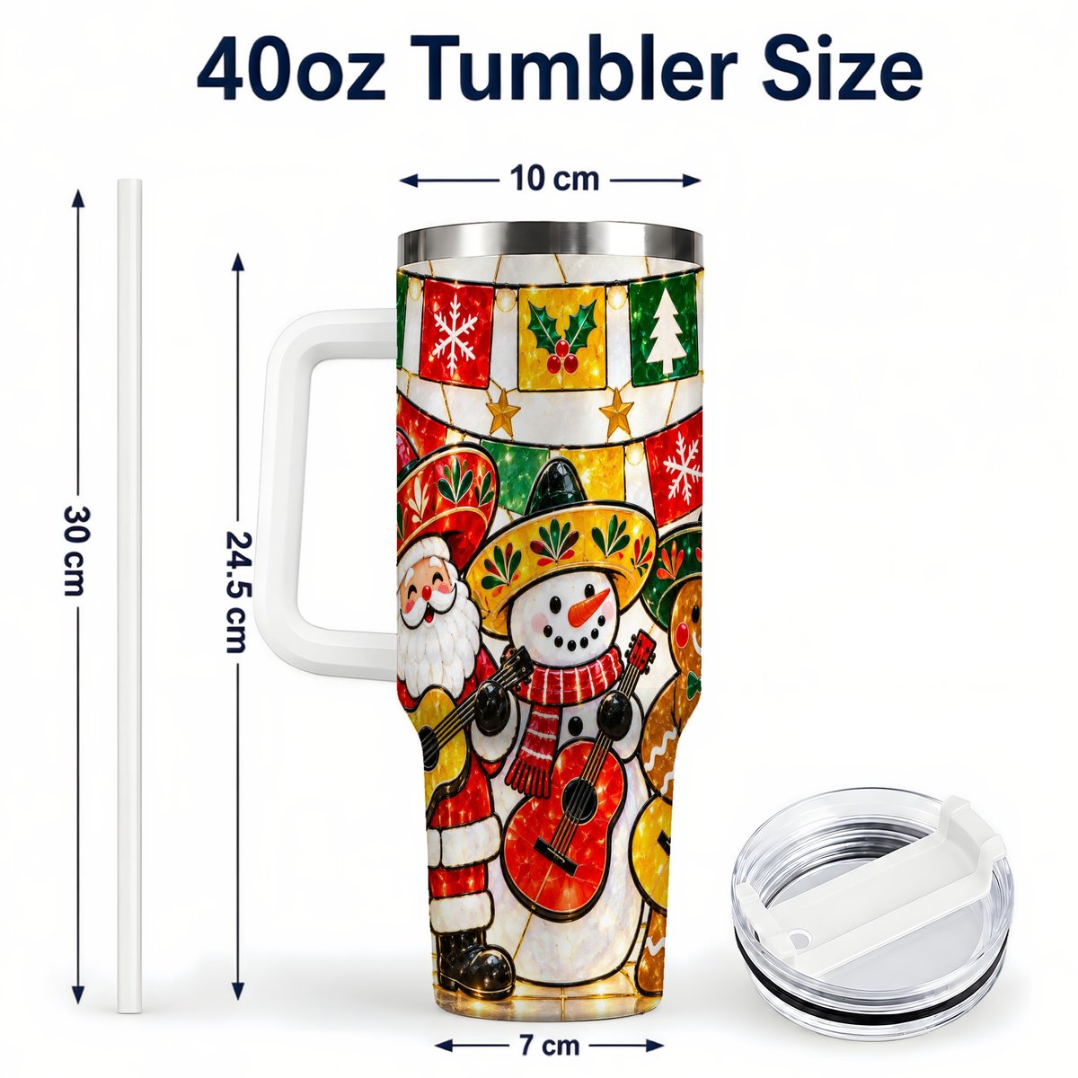 #pl[40oz|White] Stained Glass Christmas 40oz Tumbler with Handle, Holiday Band Artwork