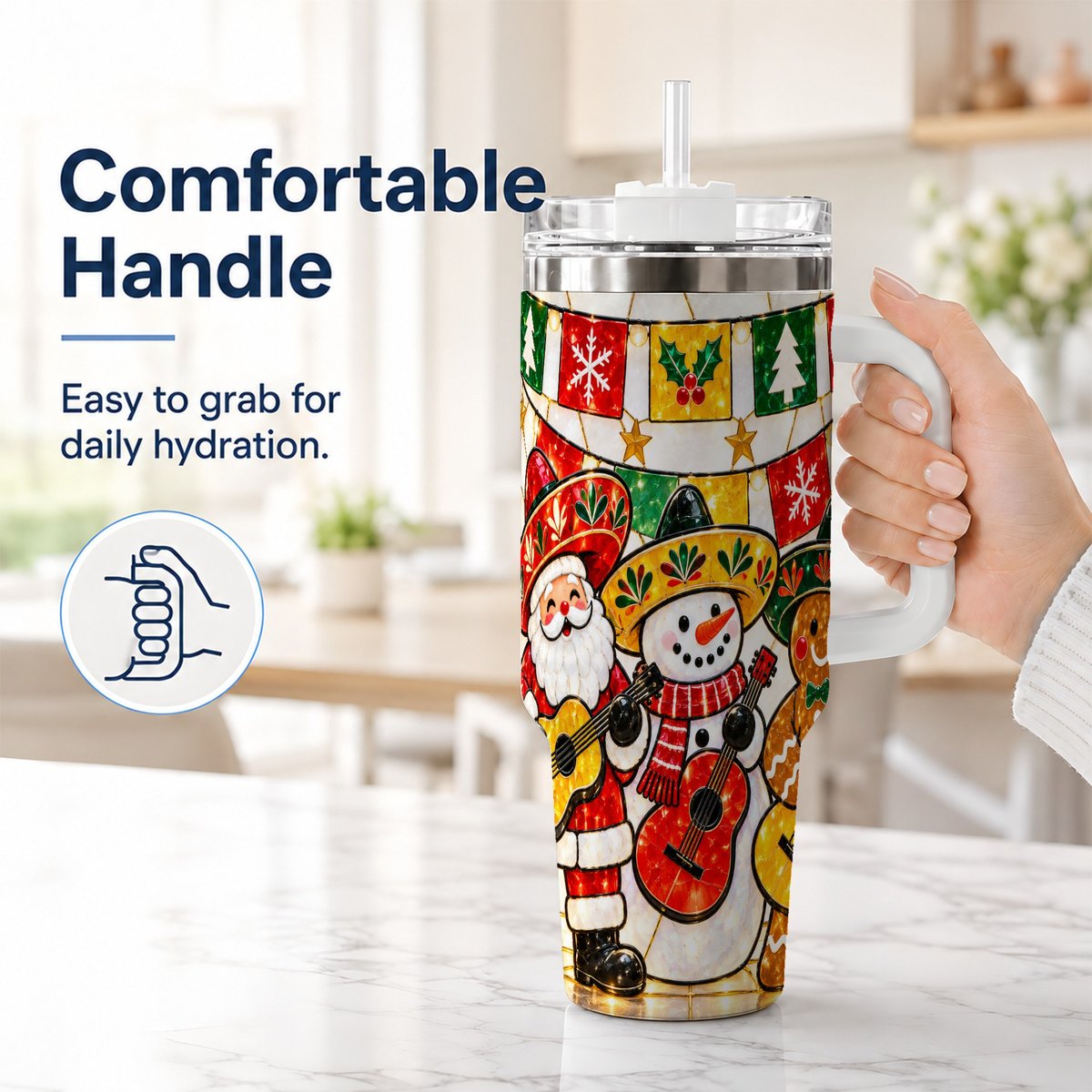 #pl[40oz|White] Stained Glass Christmas 40oz Tumbler with Handle, Holiday Band Artwork