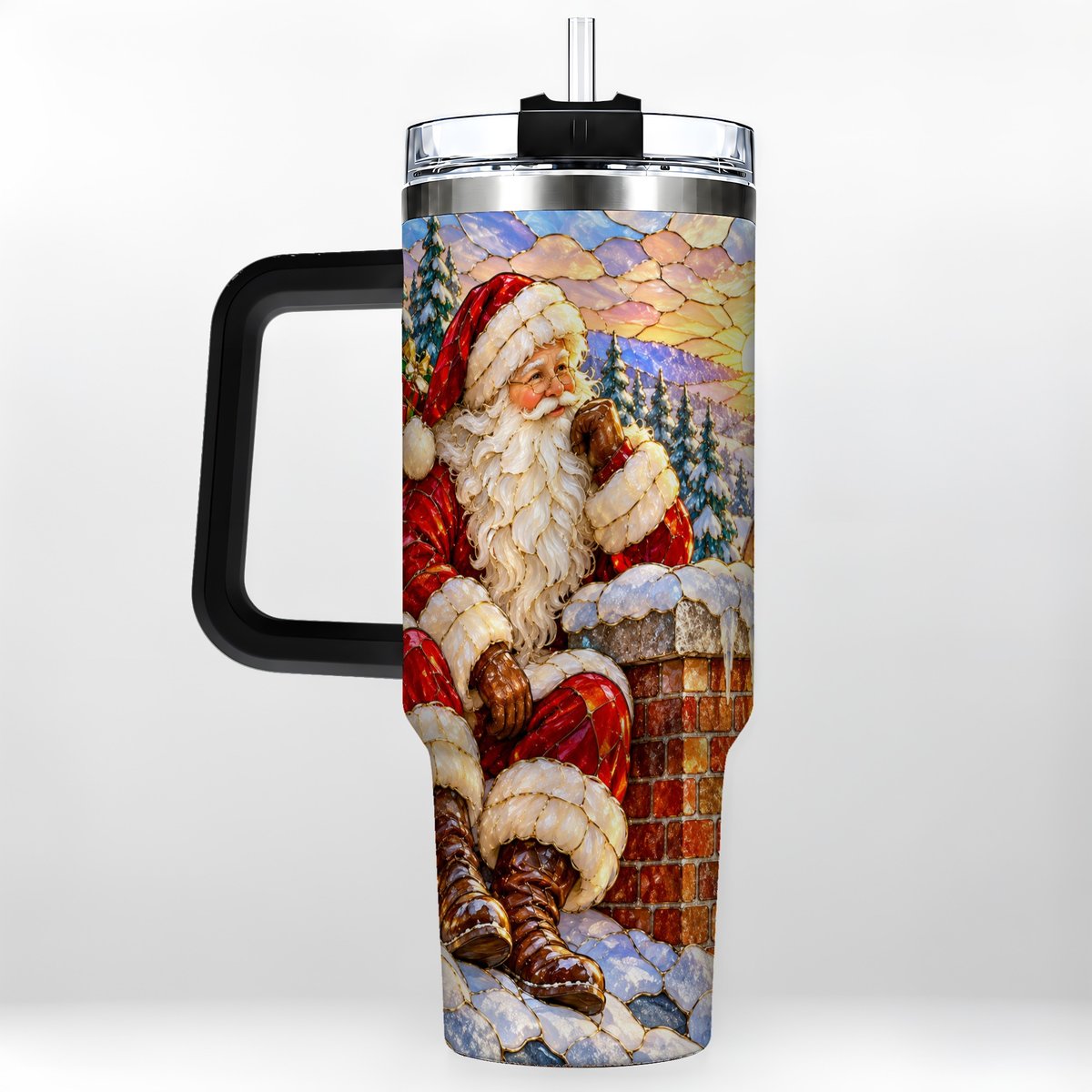 #pl[40oz|Black] Santa Rooftop Christmas 40oz Tumbler with Handle, Snowy Village Artwork
