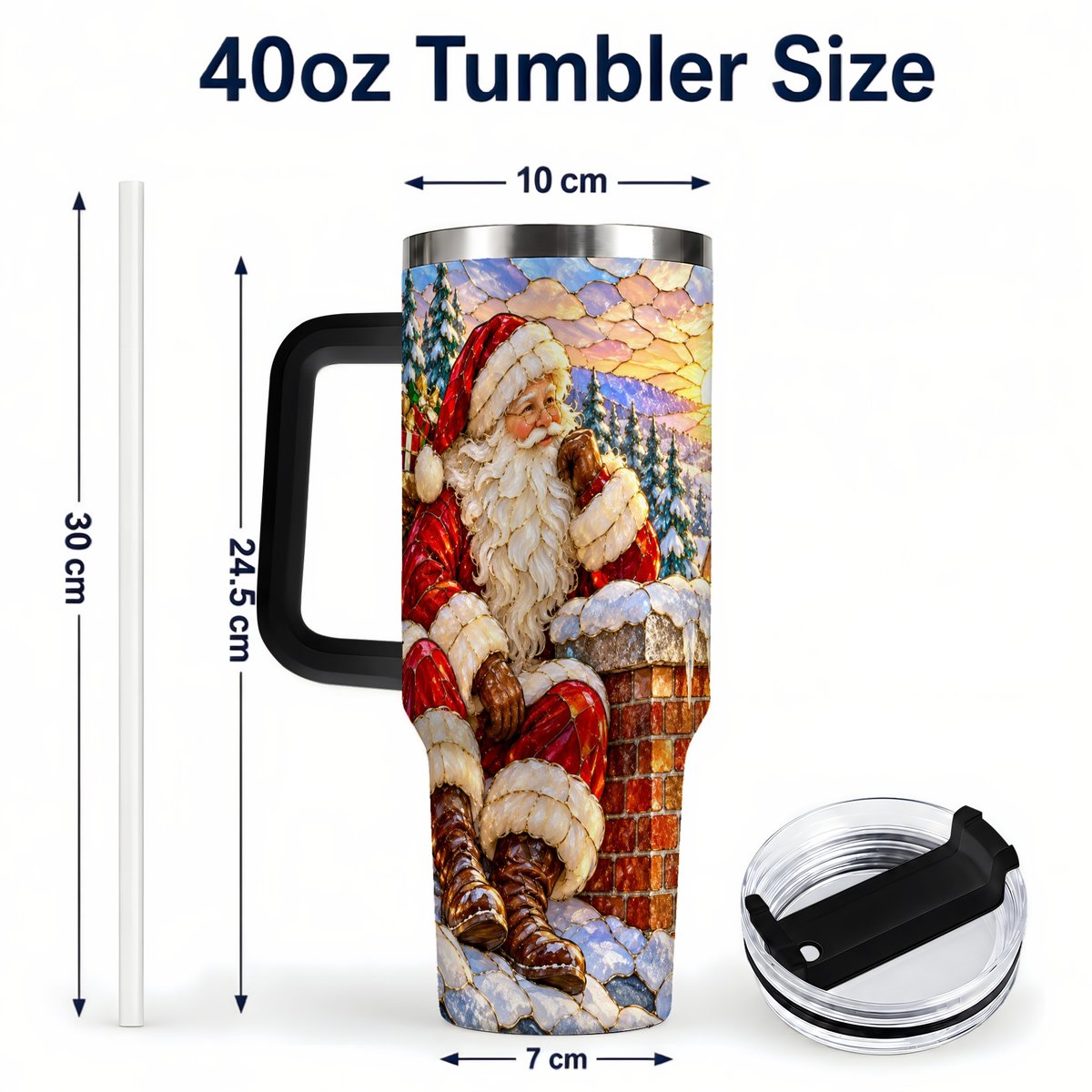 #pl[40oz|Black] Santa Rooftop Christmas 40oz Tumbler with Handle, Snowy Village Artwork