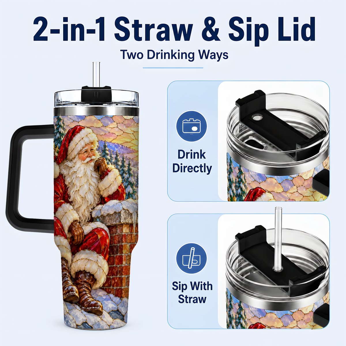 #pl[40oz|Black] Santa Rooftop Christmas 40oz Tumbler with Handle, Snowy Village Artwork