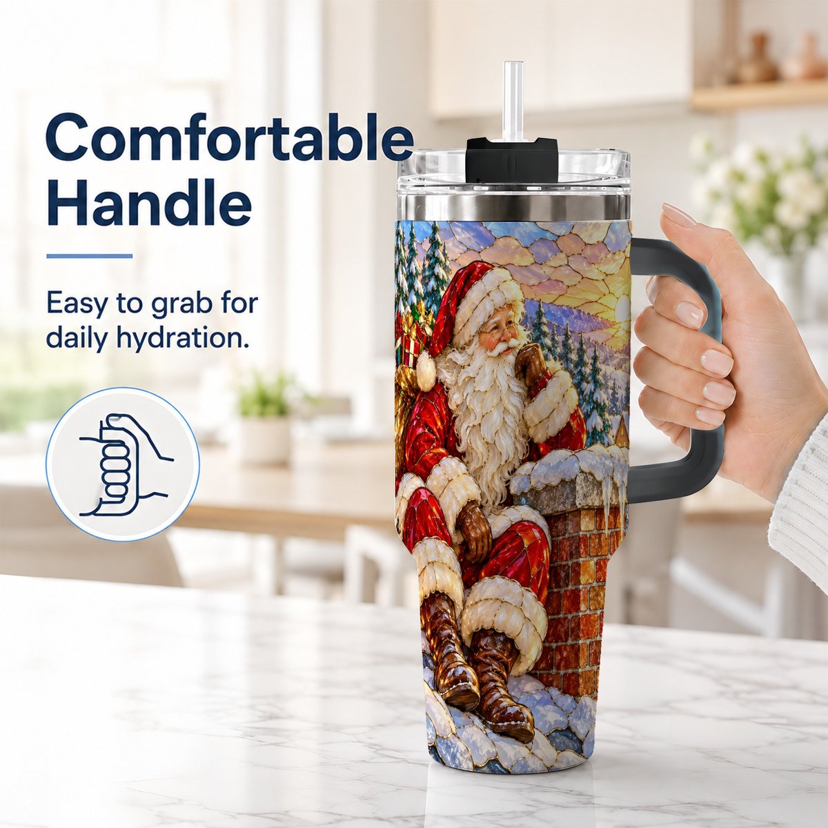 #pl[40oz|Black] Santa Rooftop Christmas 40oz Tumbler with Handle, Snowy Village Artwork