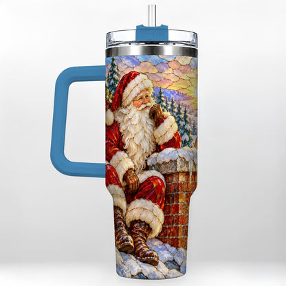 #pl[40oz|Blue] Santa Rooftop Christmas 40oz Tumbler with Handle, Snowy Village Artwork