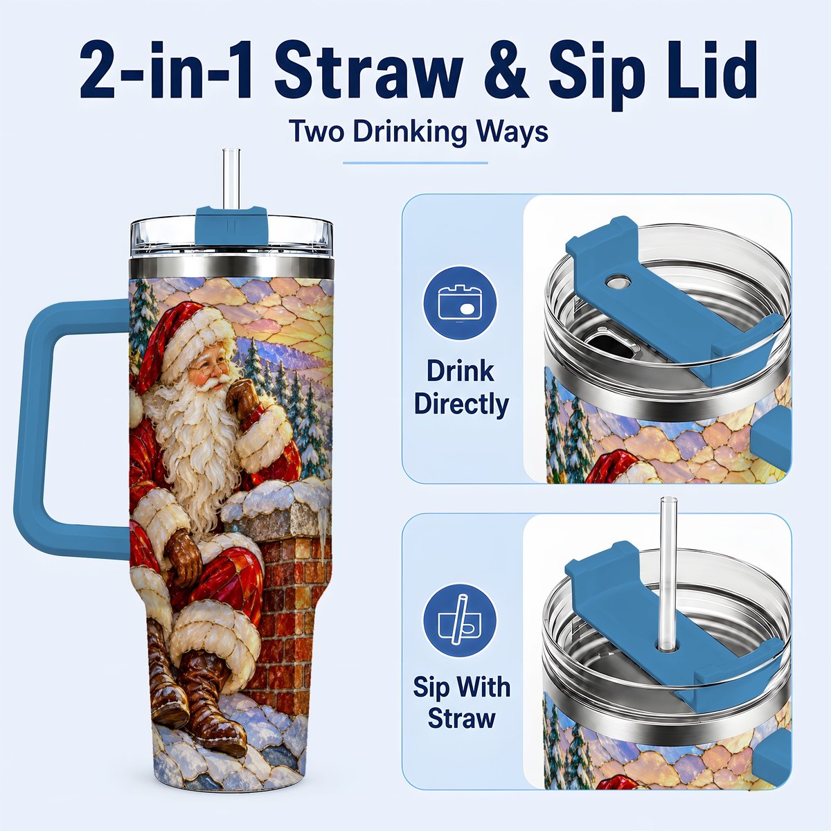 #pl[40oz|Blue] Santa Rooftop Christmas 40oz Tumbler with Handle, Snowy Village Artwork