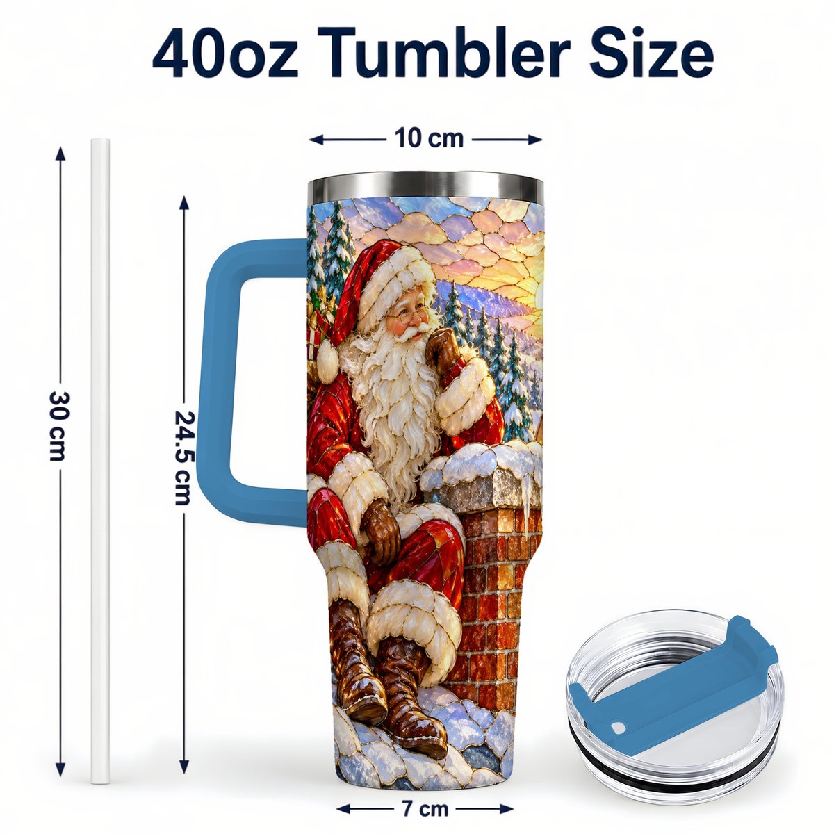 #pl[40oz|Blue] Santa Rooftop Christmas 40oz Tumbler with Handle, Snowy Village Artwork