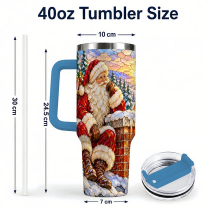 #pl[40oz|Blue] Santa Rooftop Christmas 40oz Tumbler with Handle, Snowy Village Artwork