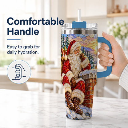 #pl[40oz|Blue] Santa Rooftop Christmas 40oz Tumbler with Handle, Snowy Village Artwork