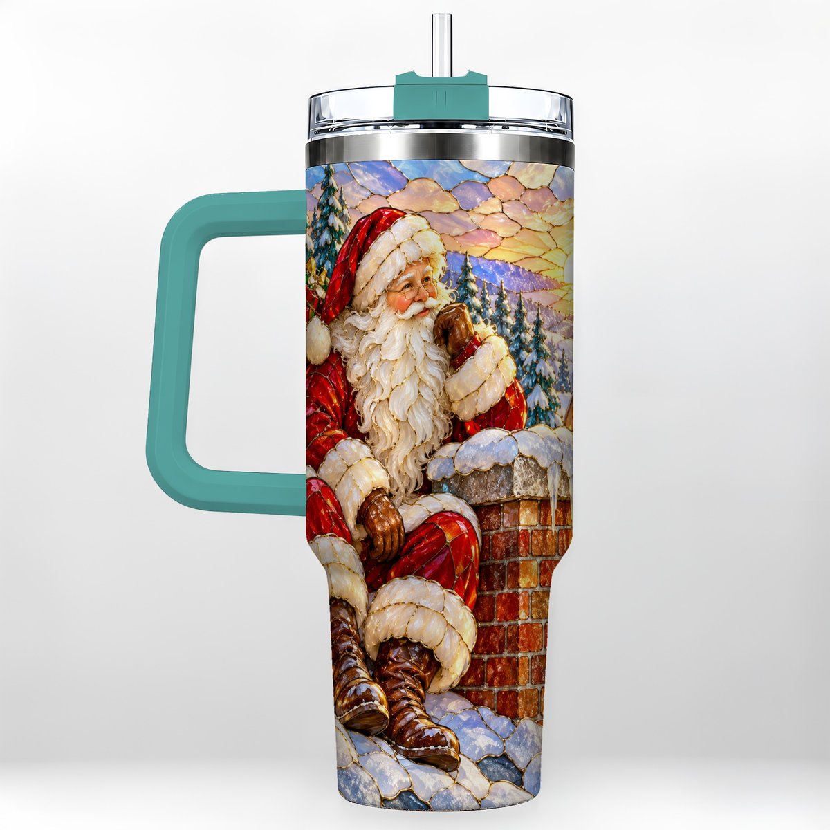 #pl[40oz|Green] Santa Rooftop Christmas 40oz Tumbler with Handle, Snowy Village Artwork