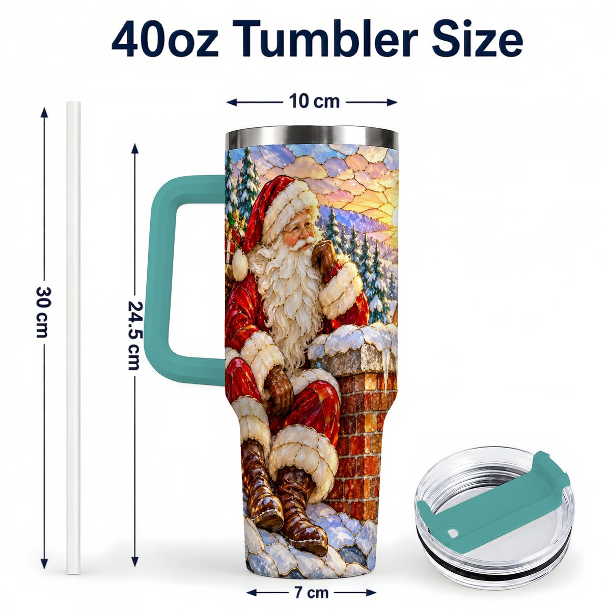 #pl[40oz|Green] Santa Rooftop Christmas 40oz Tumbler with Handle, Snowy Village Artwork