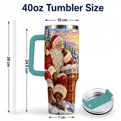 #pl[40oz|Green] Santa Rooftop Christmas 40oz Tumbler with Handle, Snowy Village Artwork