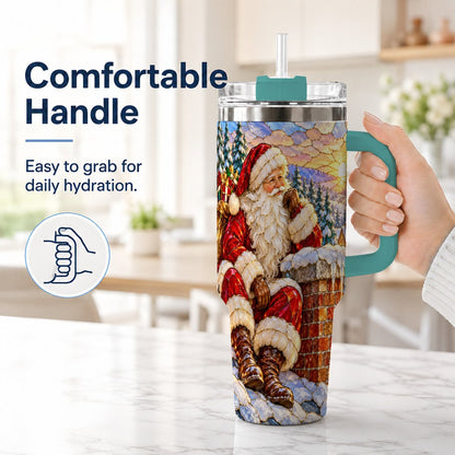 #pl[40oz|Green] Santa Rooftop Christmas 40oz Tumbler with Handle, Snowy Village Artwork