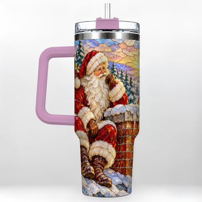 #pl[40oz|Pink] Santa Rooftop Christmas 40oz Tumbler with Handle, Snowy Village Artwork