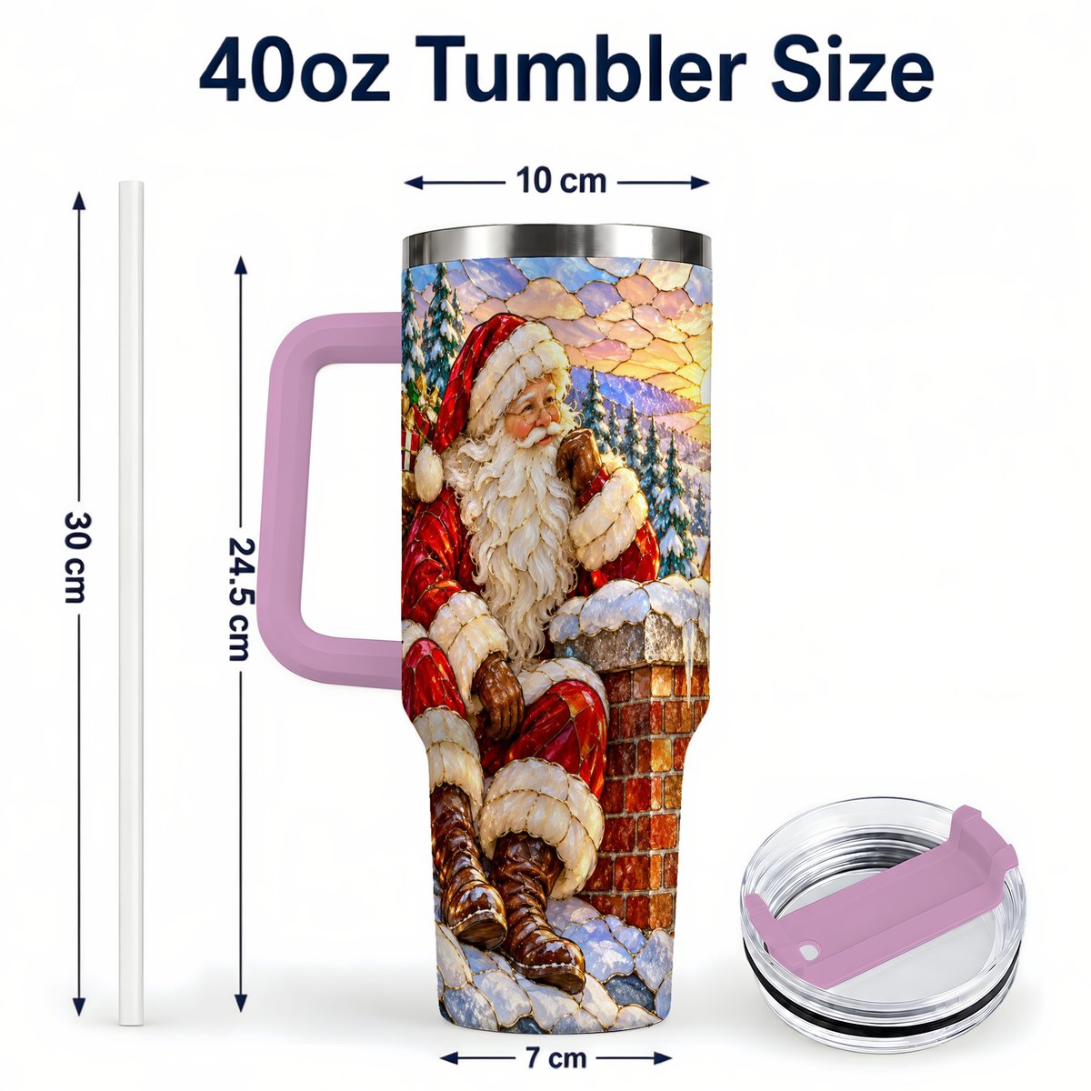 #pl[40oz|Pink] Santa Rooftop Christmas 40oz Tumbler with Handle, Snowy Village Artwork