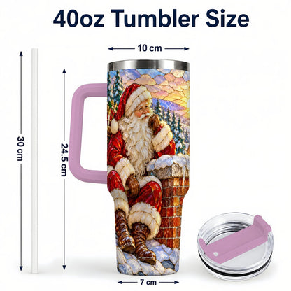 #pl[40oz|Pink] Santa Rooftop Christmas 40oz Tumbler with Handle, Snowy Village Artwork