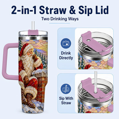 #pl[40oz|Pink] Santa Rooftop Christmas 40oz Tumbler with Handle, Snowy Village Artwork