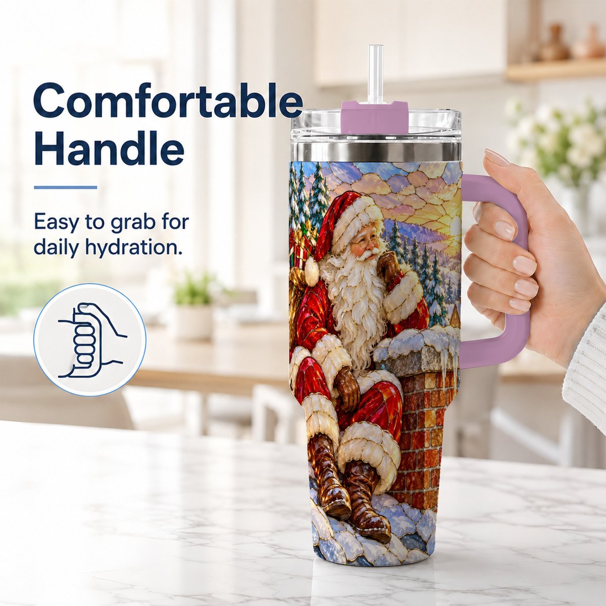 #pl[40oz|Pink] Santa Rooftop Christmas 40oz Tumbler with Handle, Snowy Village Artwork