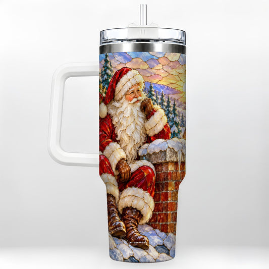 Santa Rooftop Christmas 40oz Tumbler with Handle, Snowy Village Artwork