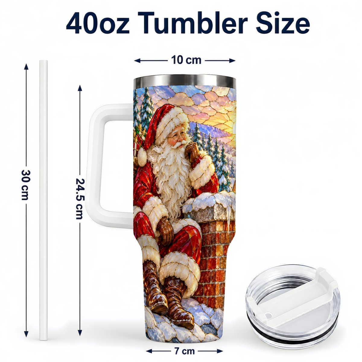 #pl[40oz|White] Santa Rooftop Christmas 40oz Tumbler with Handle, Snowy Village Artwork