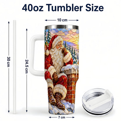 #pl[40oz|White] Santa Rooftop Christmas 40oz Tumbler with Handle, Snowy Village Artwork