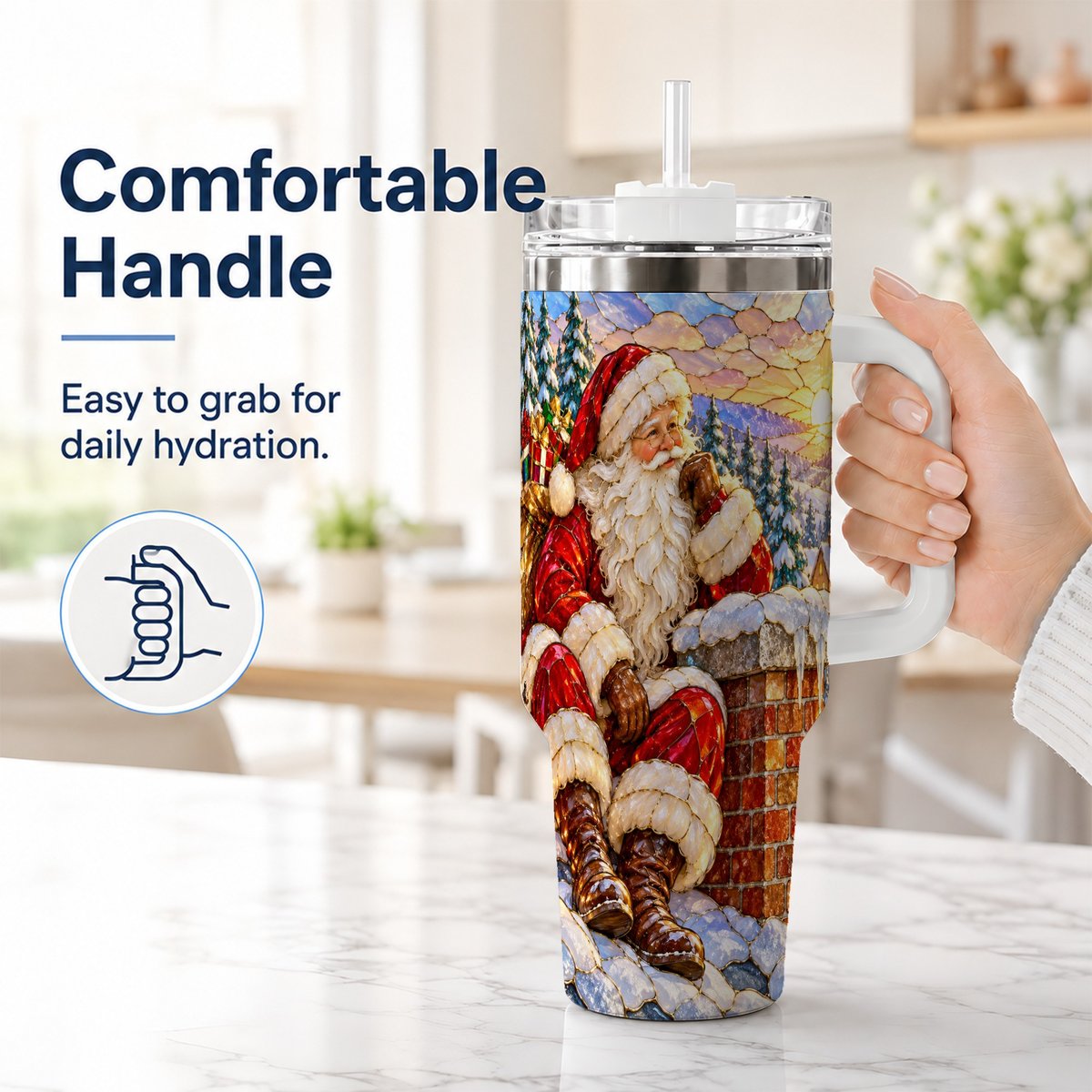 #pl[40oz|White] Santa Rooftop Christmas 40oz Tumbler with Handle, Snowy Village Artwork