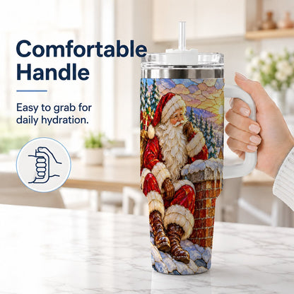 #pl[40oz|White] Santa Rooftop Christmas 40oz Tumbler with Handle, Snowy Village Artwork