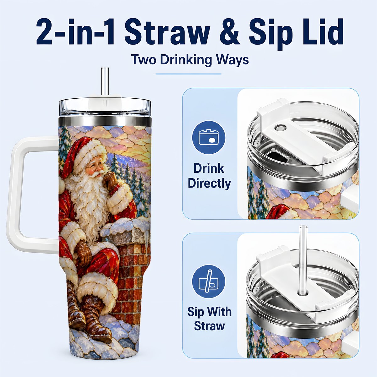 #pl[40oz|White] Santa Rooftop Christmas 40oz Tumbler with Handle, Snowy Village Artwork