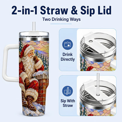 #pl[40oz|White] Santa Rooftop Christmas 40oz Tumbler with Handle, Snowy Village Artwork